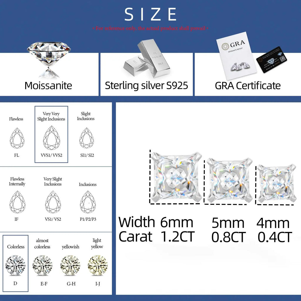 Unisex Princess Cut Moissanite Stud Earrings 925 Sterling Silver