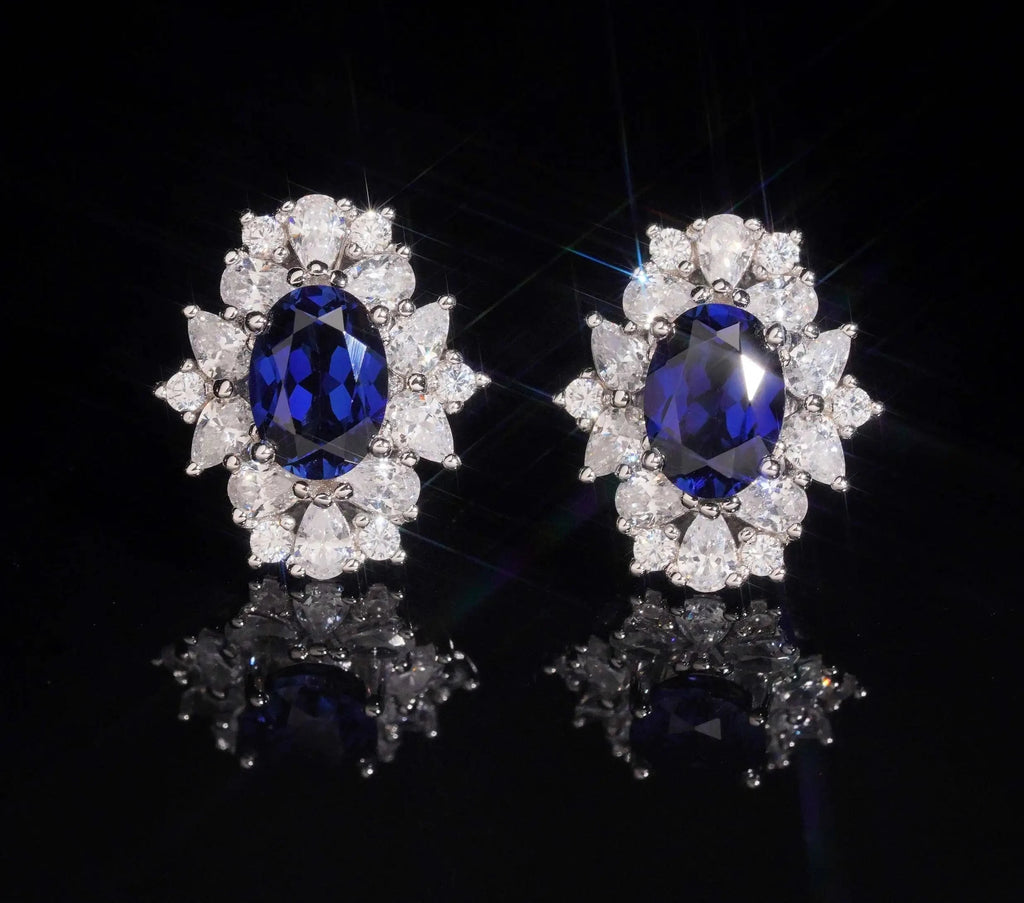 Women's Royal Blue Sapphire and Moissanite Stud Earrings 925 Sterling Silver