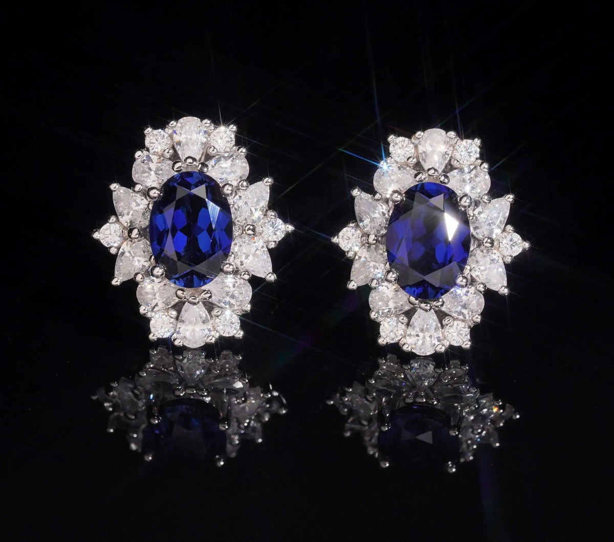 Women's Royal Blue Sapphire and Moissanite Stud Earrings 925 Sterling Silver