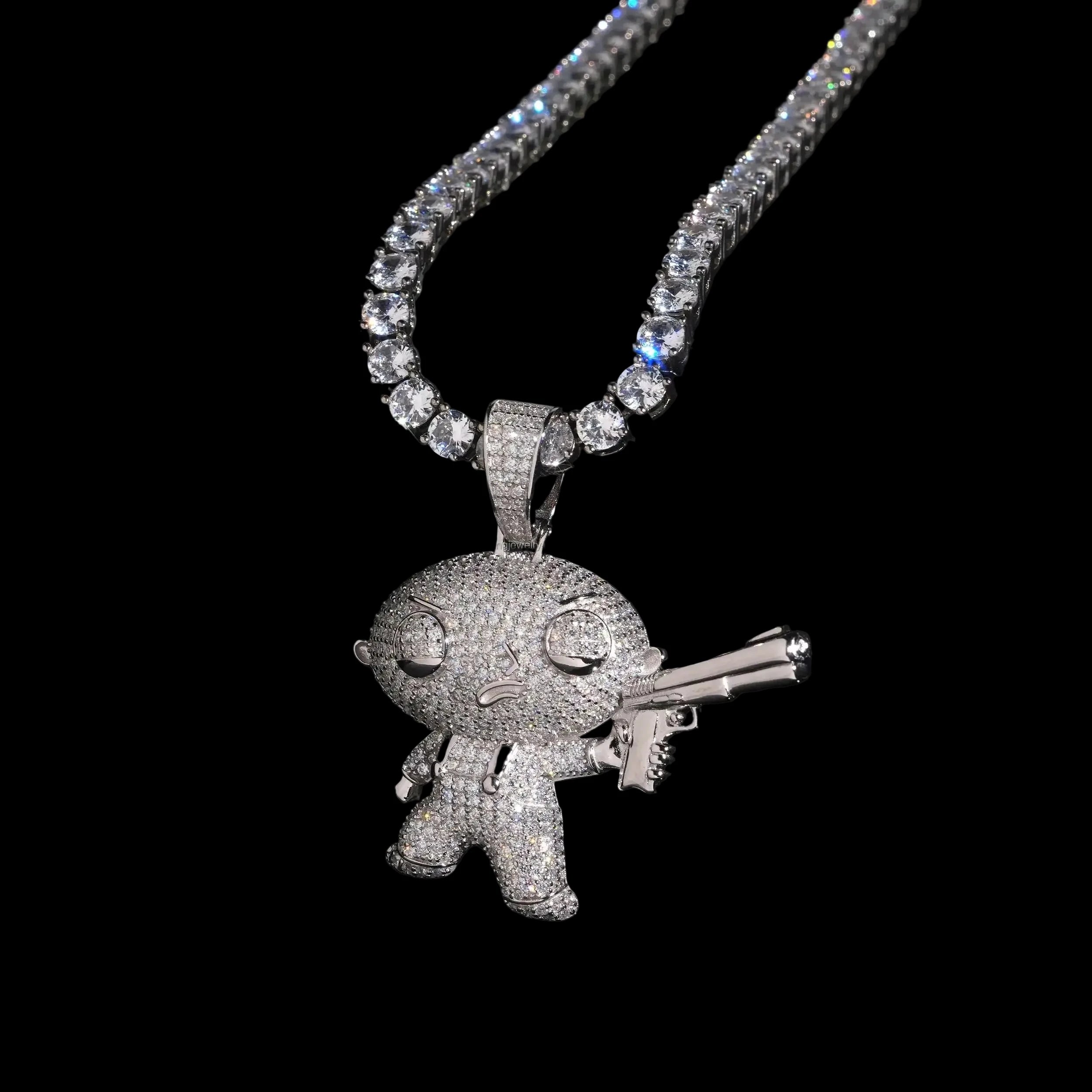 Unisex 925 Sterling Silver VVS Moissanite Hip Hop Gun Iced Out Pendant