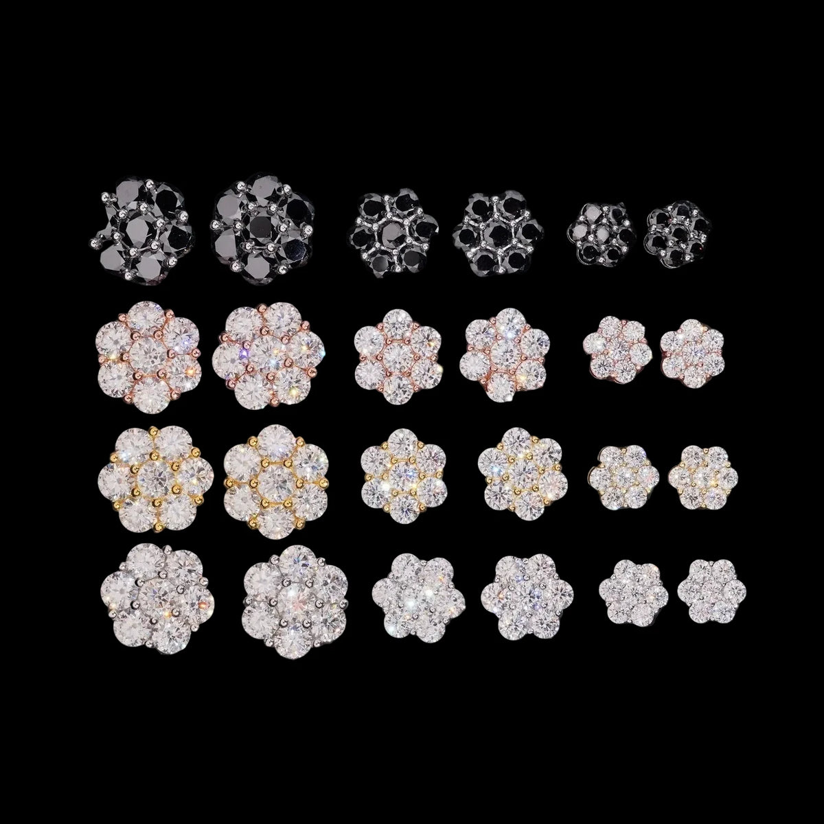 Unisex 925 Sterling Silver VVS Moissanite Flower Iced Cluster Stud Earrings