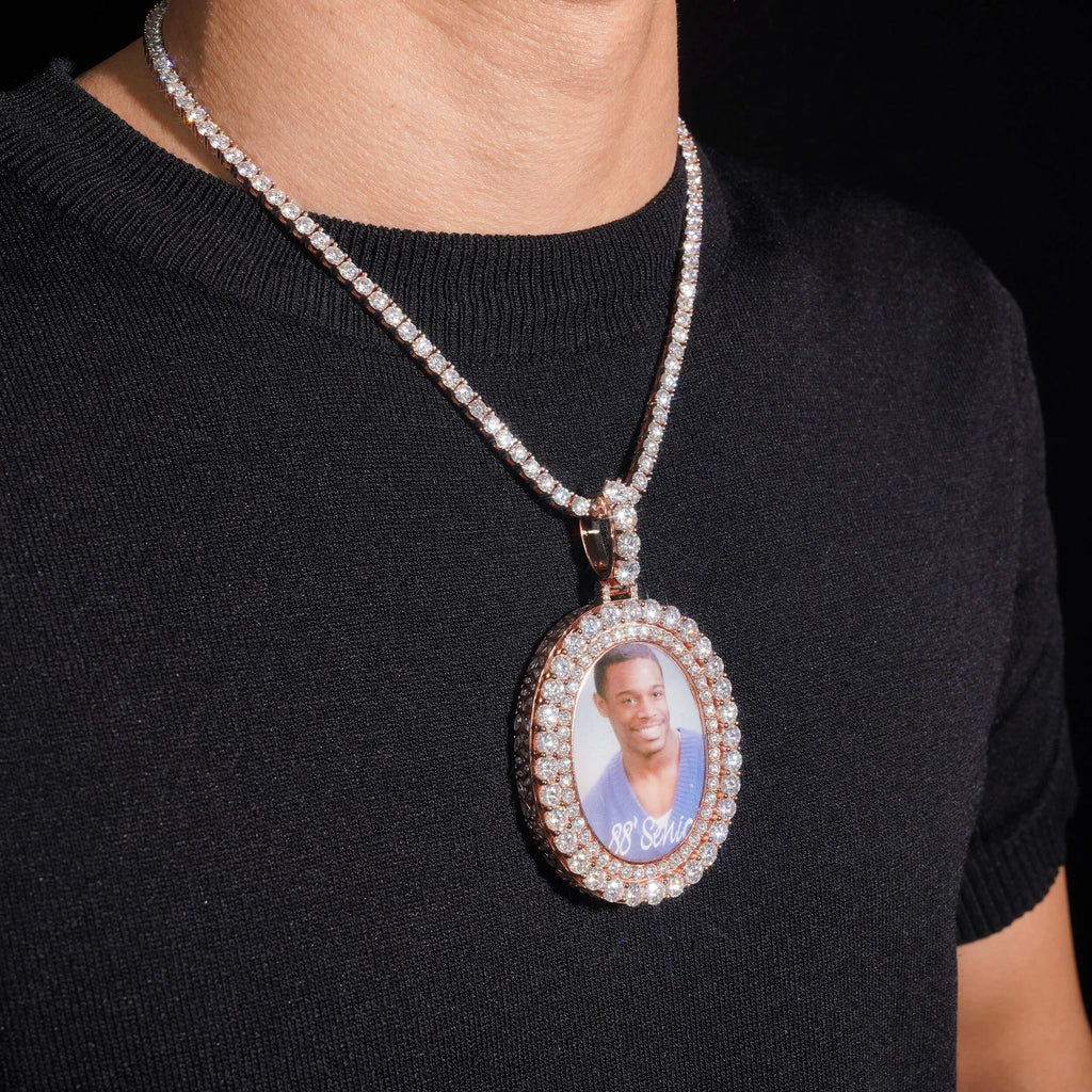 Unisex 925 Sterling Silver VVS Moissanite Oval Photo Memory Iced Out Pendant