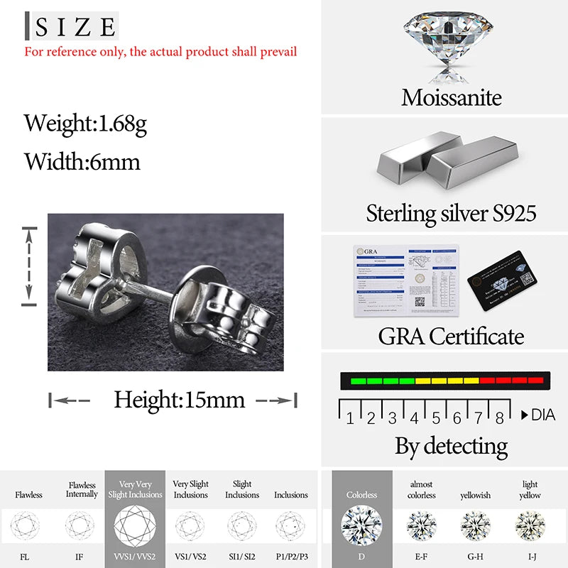 Unisex Iced Out 925 Sterling Silver Rhodium Plated VVS Moissanite Round Brilliant Cut Heart Stud Earrings