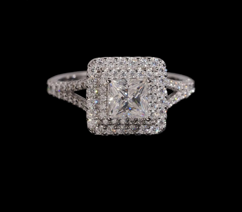 Women's Iced Out 925 Sterling Silver Princess Cut VVS Moissanite Wedding Engagement Ring