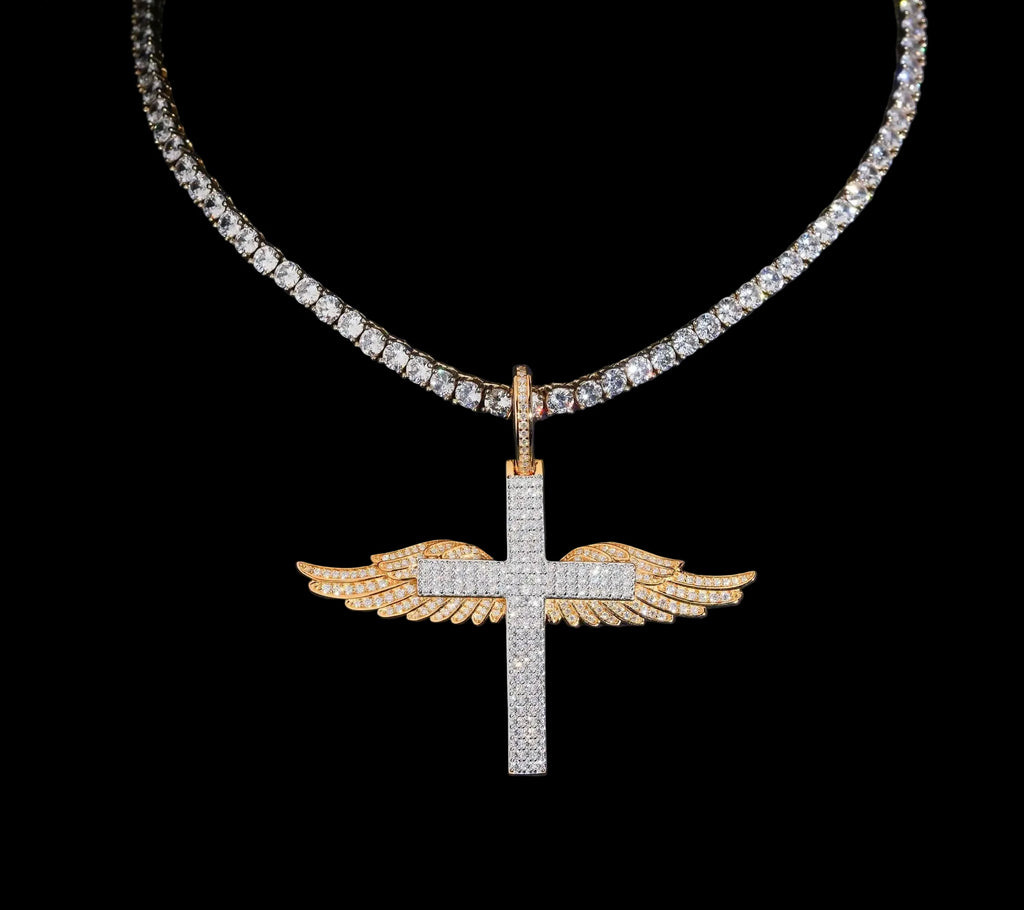 Unisex 925 Sterling Silver VVS Moissanite Cross Wing Iced Out Pendant P7816