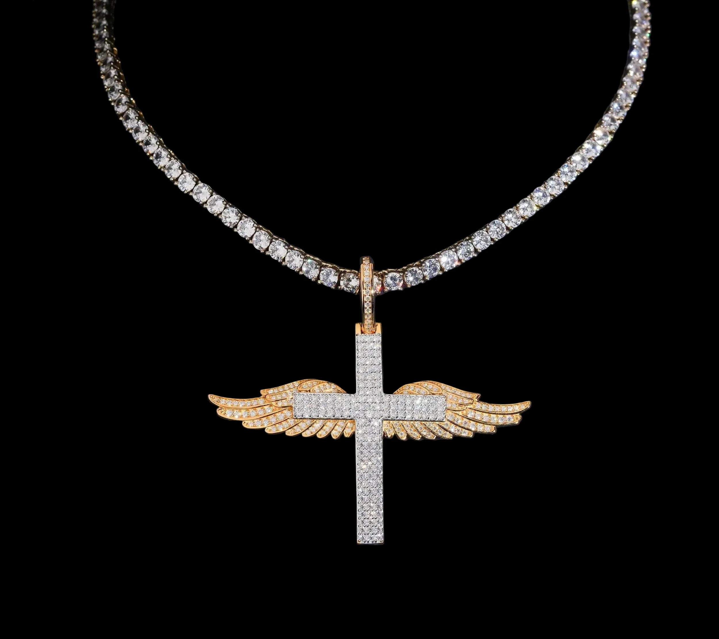 Unisex 925 Sterling Silver VVS Moissanite Cross Wing Iced Out Pendant P7816