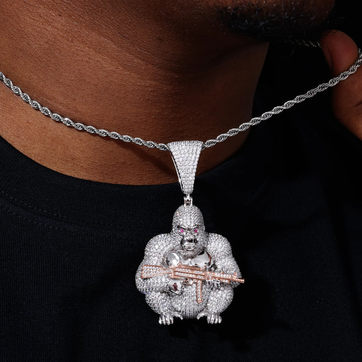 Unisex Iced Out Gorilla Holding AK Pendant 925 Sterling Silver VVS Moissanite TQP0867