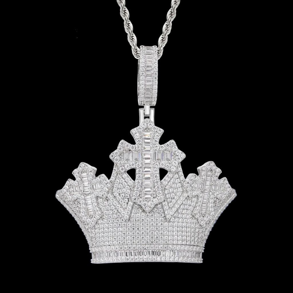 Unisex 925 Sterling Silver VVS Moissanite Iced Out Crown Cross Pendant TQP1055