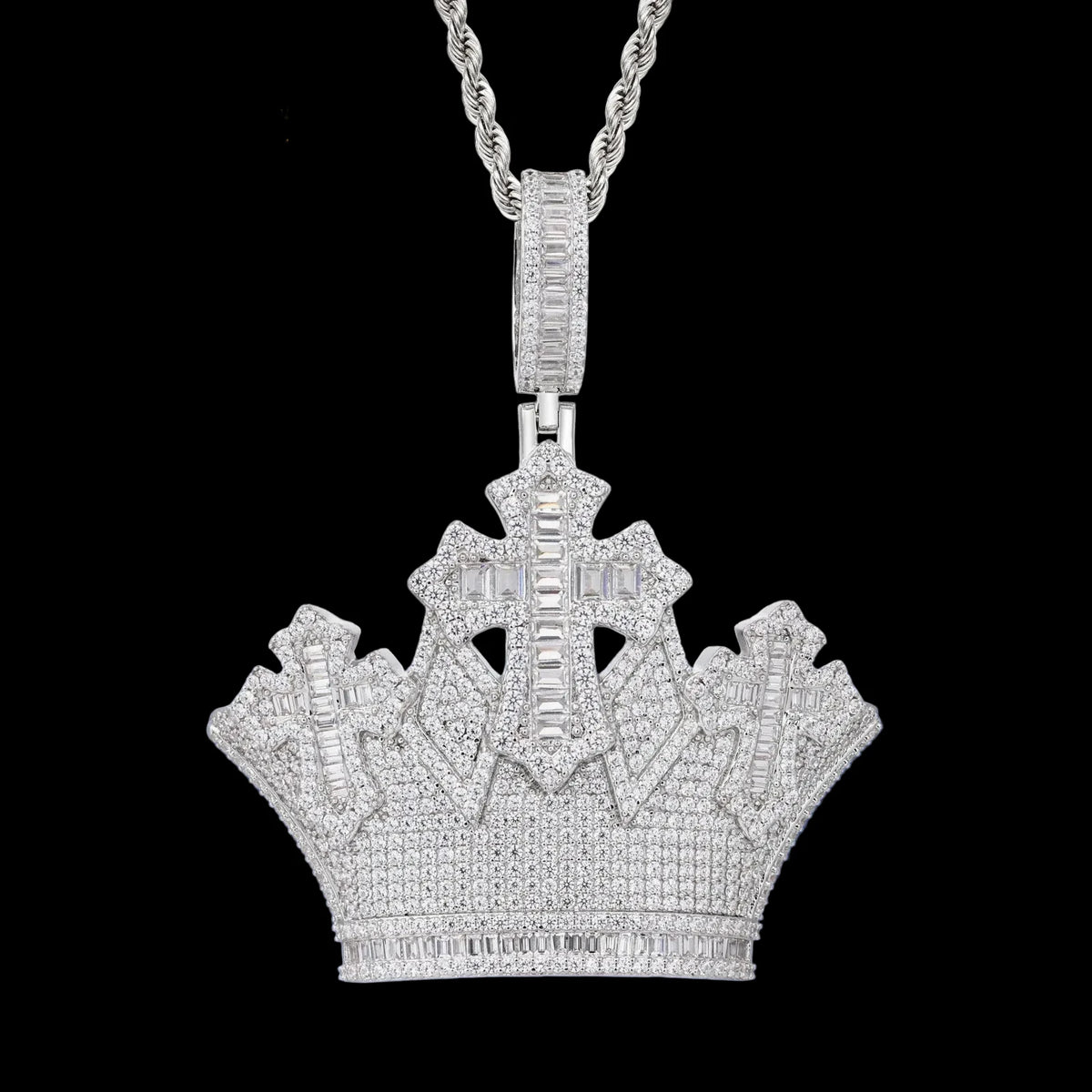 Unisex 925 Sterling Silver VVS Moissanite Iced Out Crown Cross Pendant TQP1055