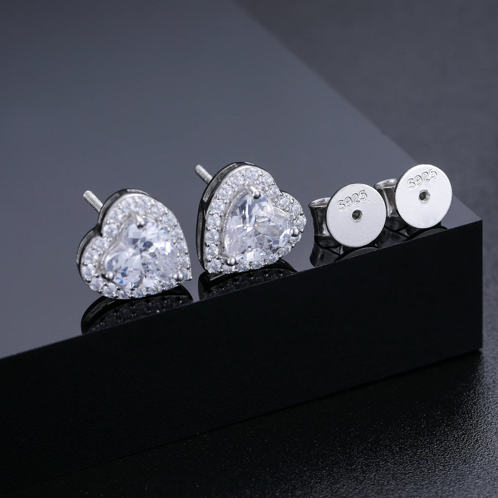 Unisex Iced Out 925 Sterling Silver VVS Moissanite Heart Cut Stud Earrings