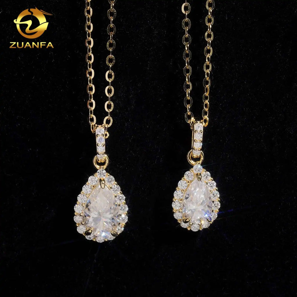 Unisex Iced Out 925 Sterling Silver VVS Moissanite Pear Shape Pendant Necklace