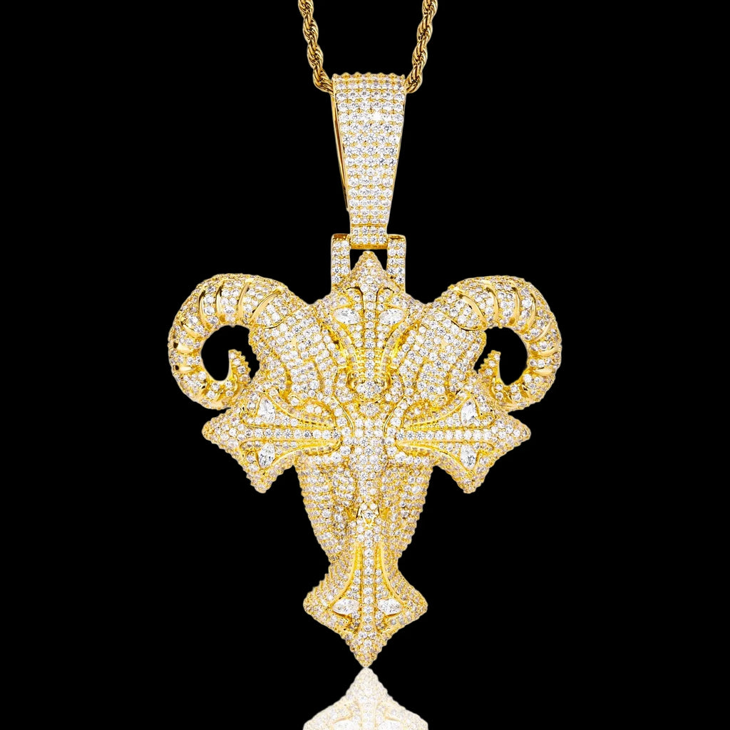 Men's Gold Plated Moissanite Iced Out Cross Goat Head Pendant CZP1202