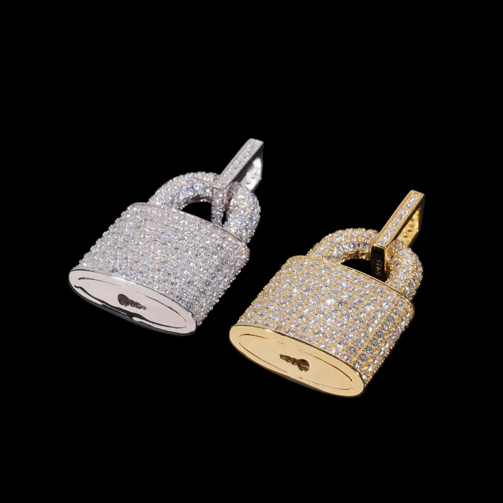 Men's Lock Style Iced Pendant 925 Sterling Silver VVS Moissanite