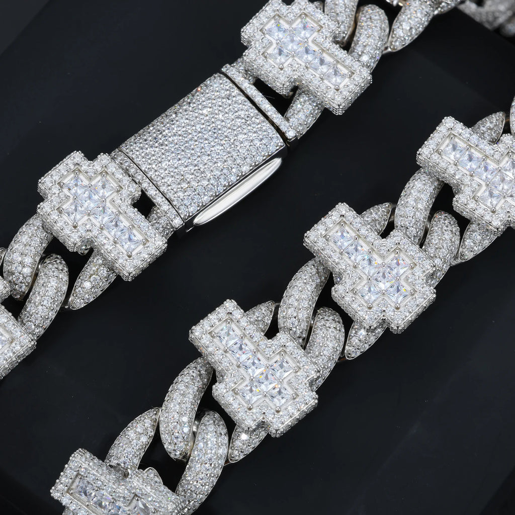 Men's 19mm Cross Shape Micro Paved Princess Cut Moissanite Cuban Link Chain Necklace 925 Sterling Silver