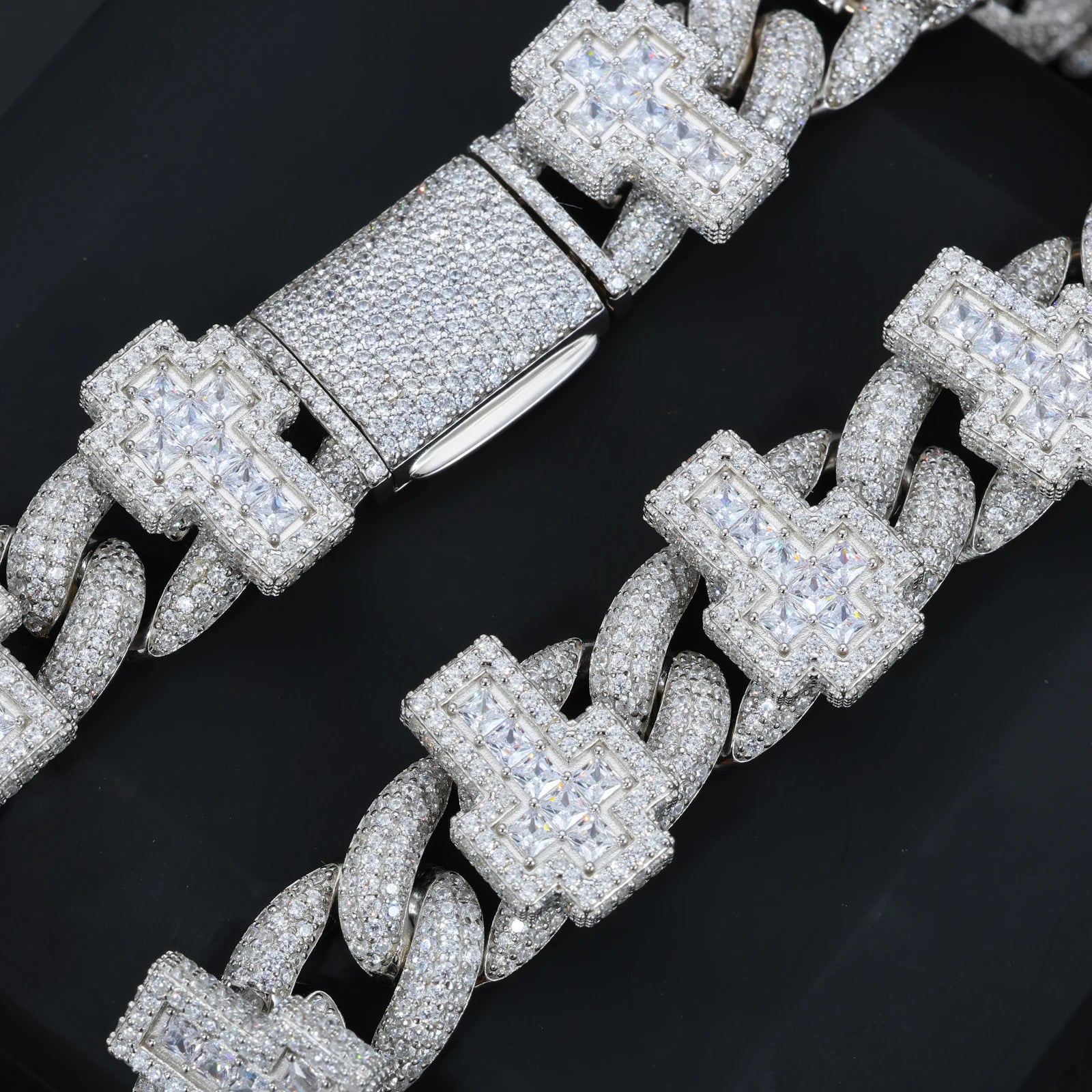 Men's 19mm Cross Shape Micro Paved Princess Cut Moissanite Cuban Link Chain Necklace 925 Sterling Silver