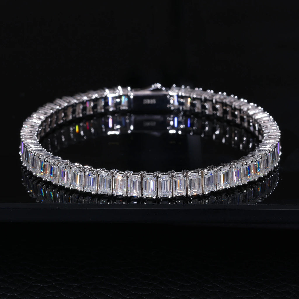 Unisex Iced Out 925 Sterling Silver VVS Moissanite Emerald Cut Tennis Bracelet 5mm