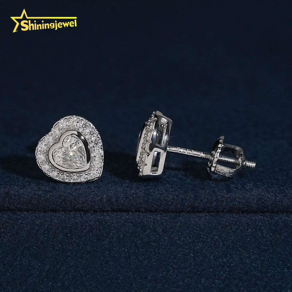 Unisex Iced Out 925 Sterling Silver VVS Moissanite Heart Stud Earrings