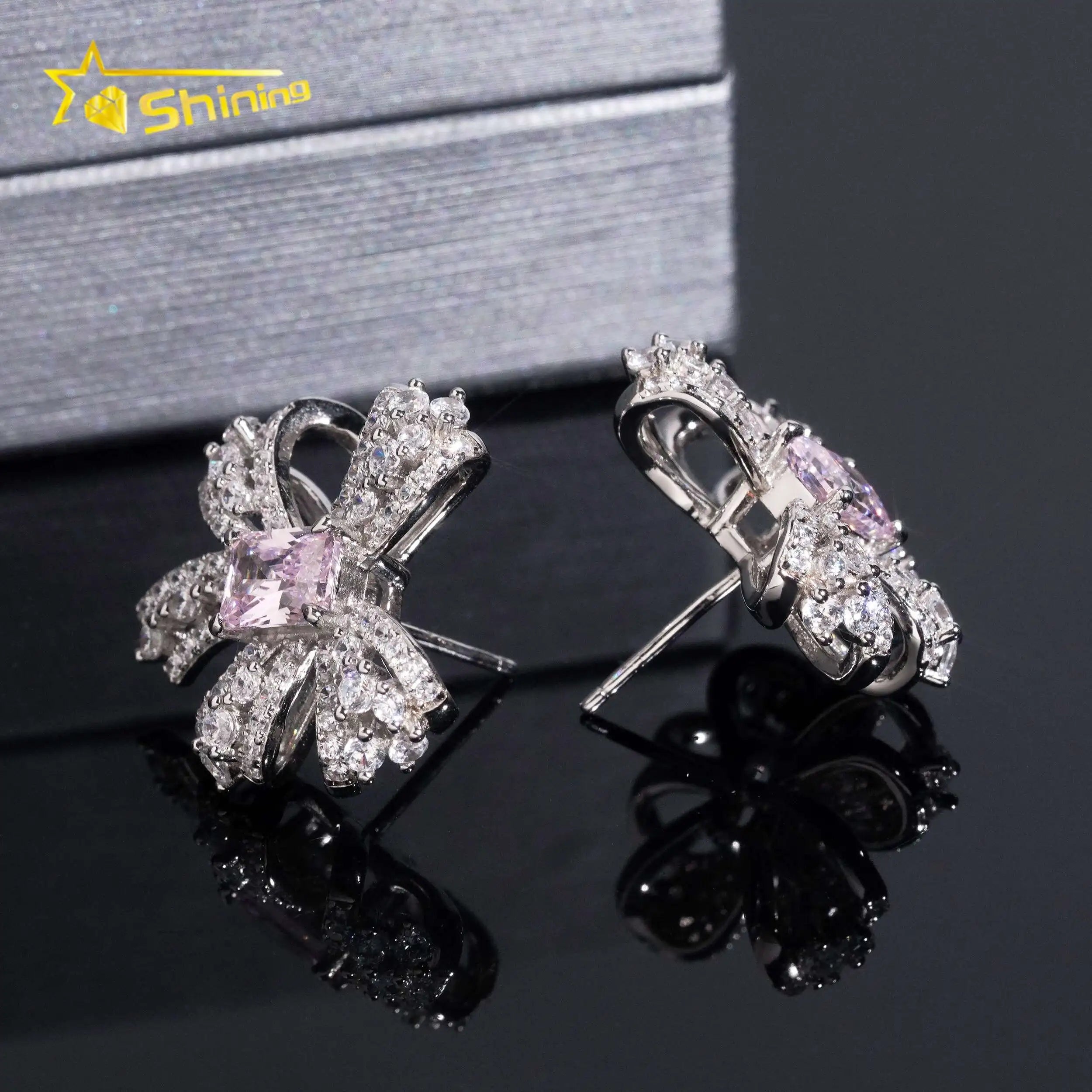 Women's Bow Tie VVS Moissanite & Sakura Pink Lab Grown Gemstone Stud Earrings 925 Sterling Silver