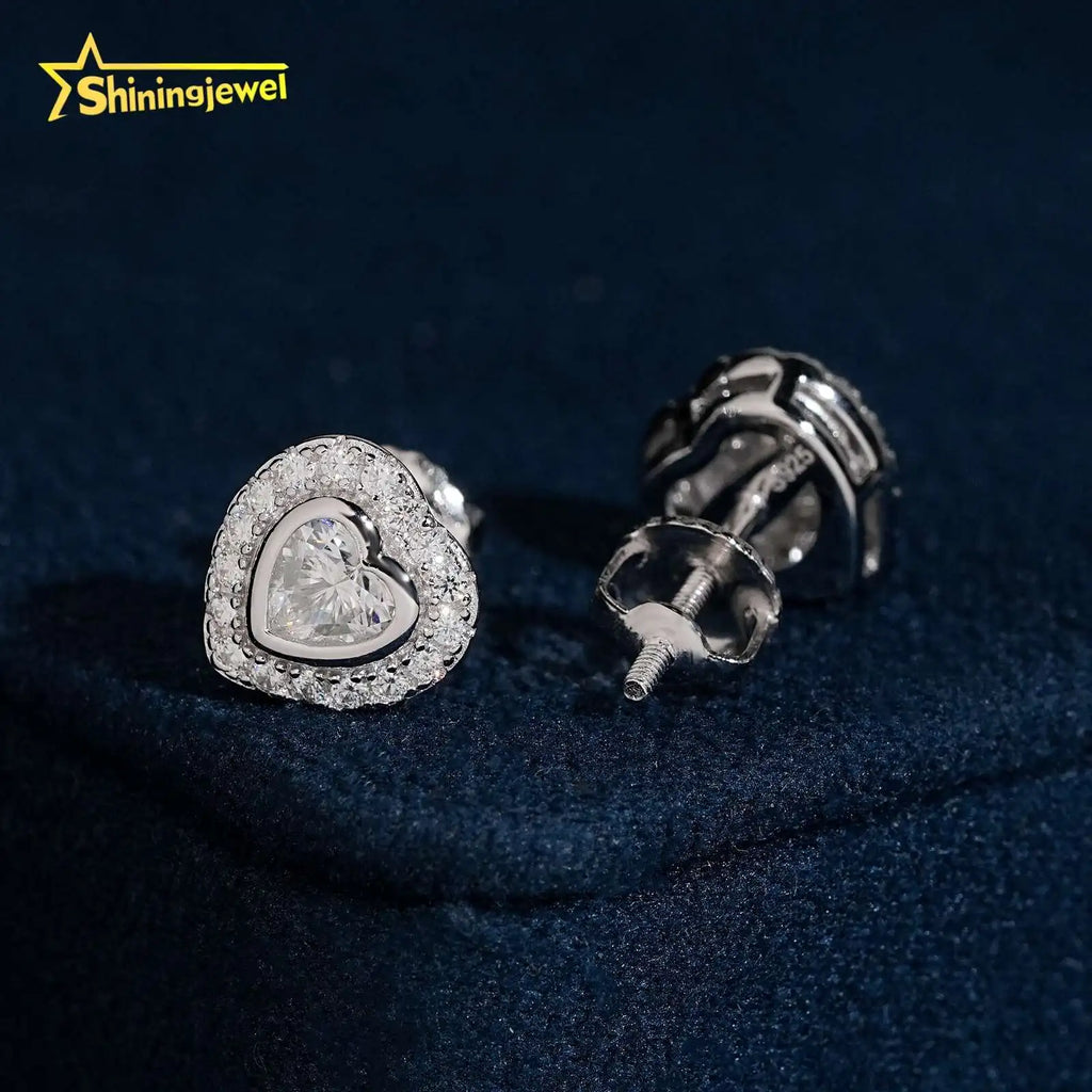 Unisex Iced Out 925 Sterling Silver VVS Moissanite Heart Stud Earrings