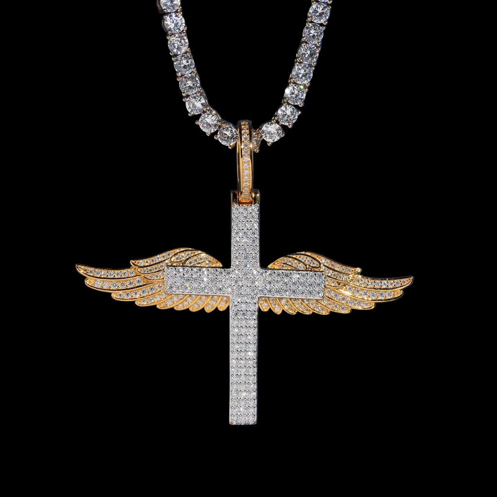 Unisex 925 Sterling Silver VVS Moissanite Cross Wing Iced Out Pendant P7816
