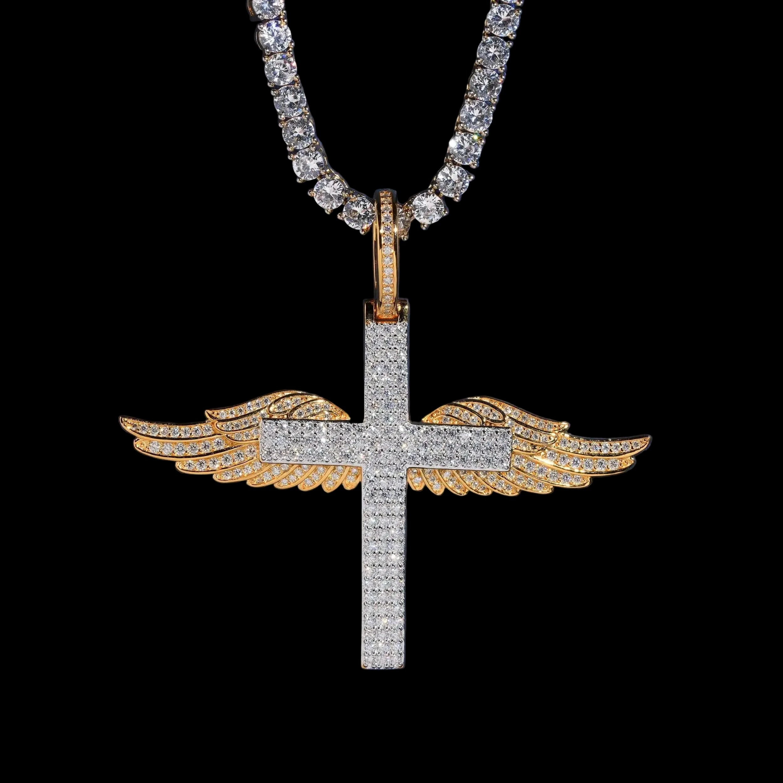 Unisex 925 Sterling Silver VVS Moissanite Cross Wing Iced Out Pendant P7816