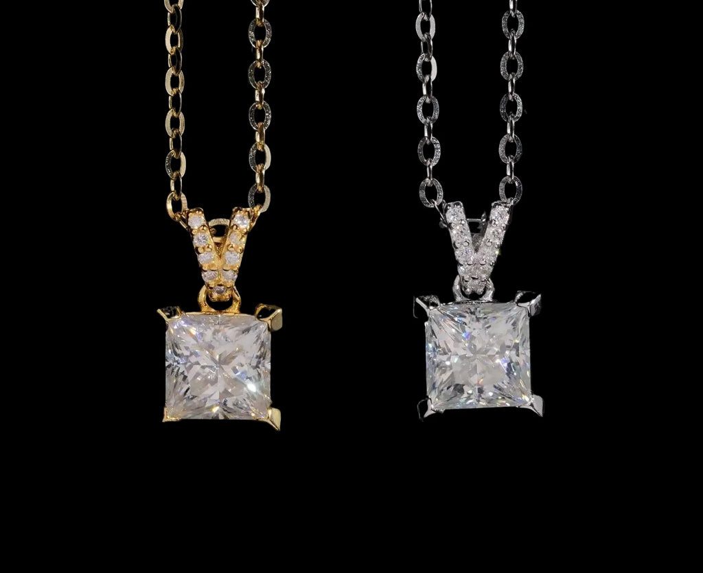 Unisex Iced Out 925 Sterling Silver Moissanite Princess Cut Pendant Necklace