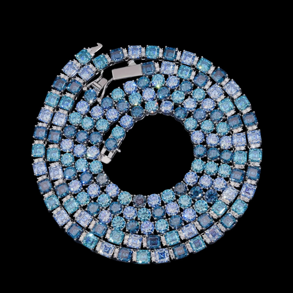 Unisex Iced Out 925 Sterling Silver Blue Moissanite Tennis Chain Necklace