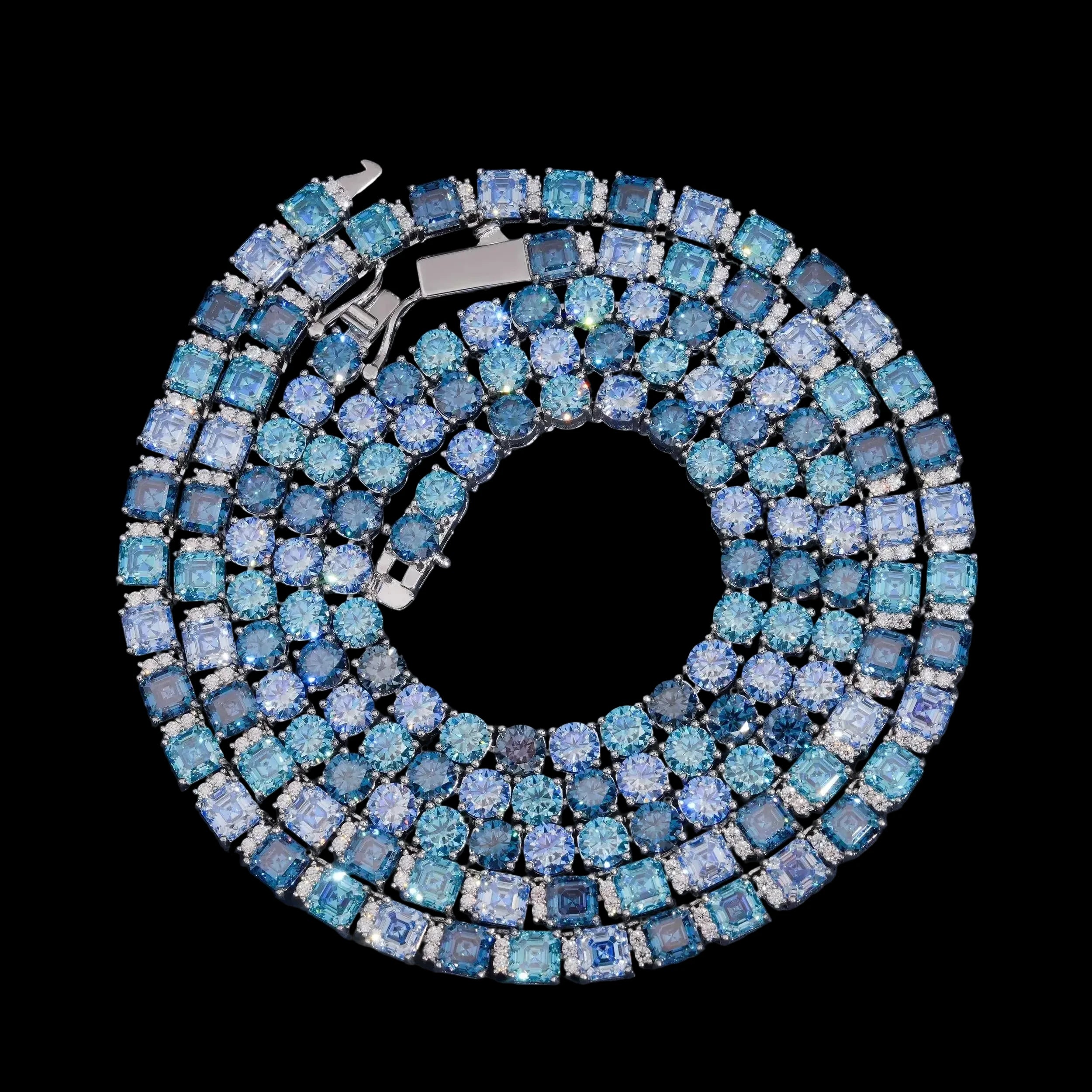 Unisex Iced Out 925 Sterling Silver Blue Moissanite Tennis Chain Necklace