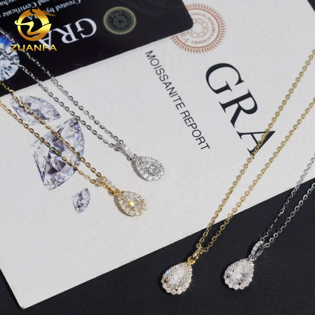 Unisex Iced Out 925 Sterling Silver VVS Moissanite Pear Shape Pendant Necklace