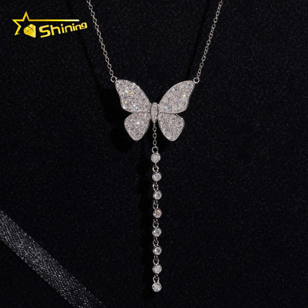 Women's Iced Out 925 Sterling Silver Butterfly Charm Moissanite Necklace