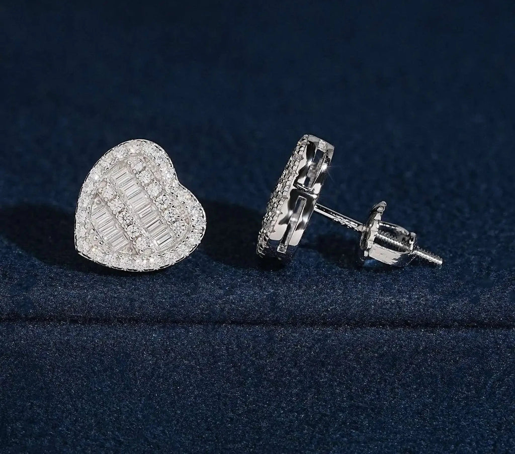 Unisex 925 Sterling Silver VVS Moissanite Heart Baguette Iced Out Stud Earrings