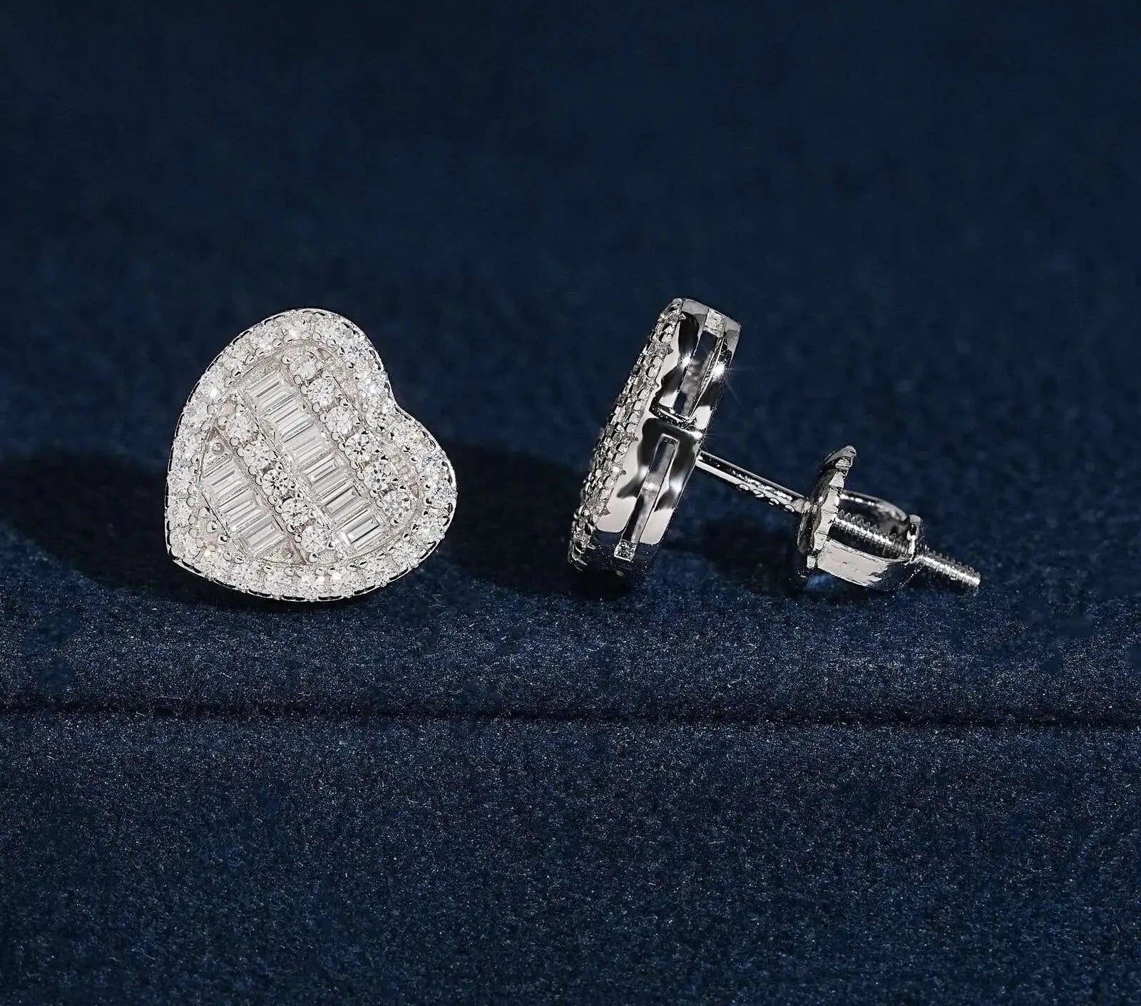 Unisex 925 Sterling Silver VVS Moissanite Heart Baguette Iced Out Stud Earrings