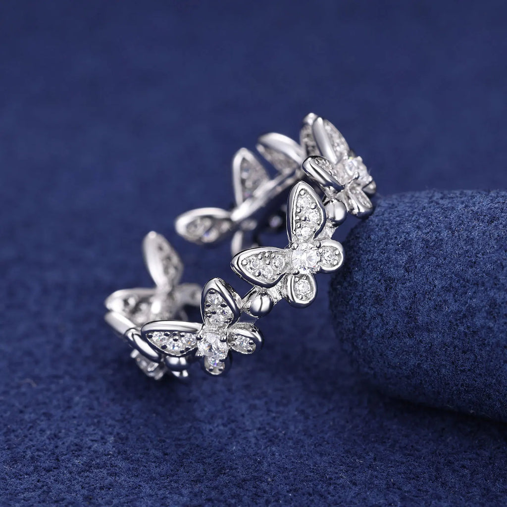 Unisex Iced Out 925 Sterling Silver VVS Moissanite Round Brilliant Cut Adjustable Butterfly Ring