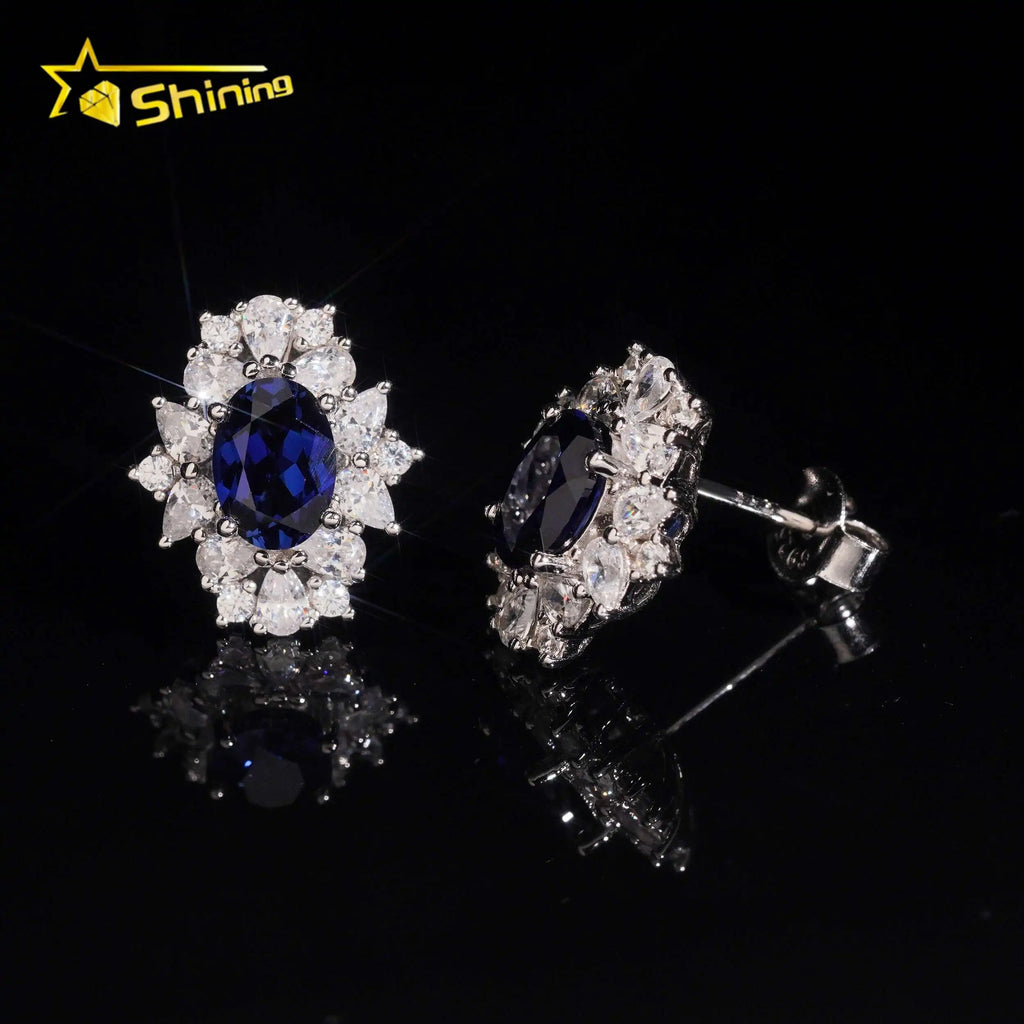 Women's Royal Blue Sapphire and Moissanite Stud Earrings 925 Sterling Silver