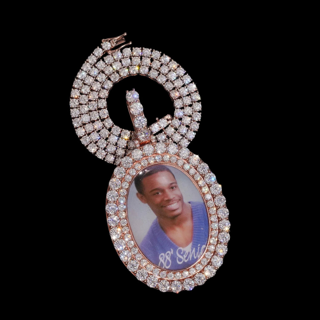 Unisex 925 Sterling Silver VVS Moissanite Oval Photo Memory Iced Out Pendant