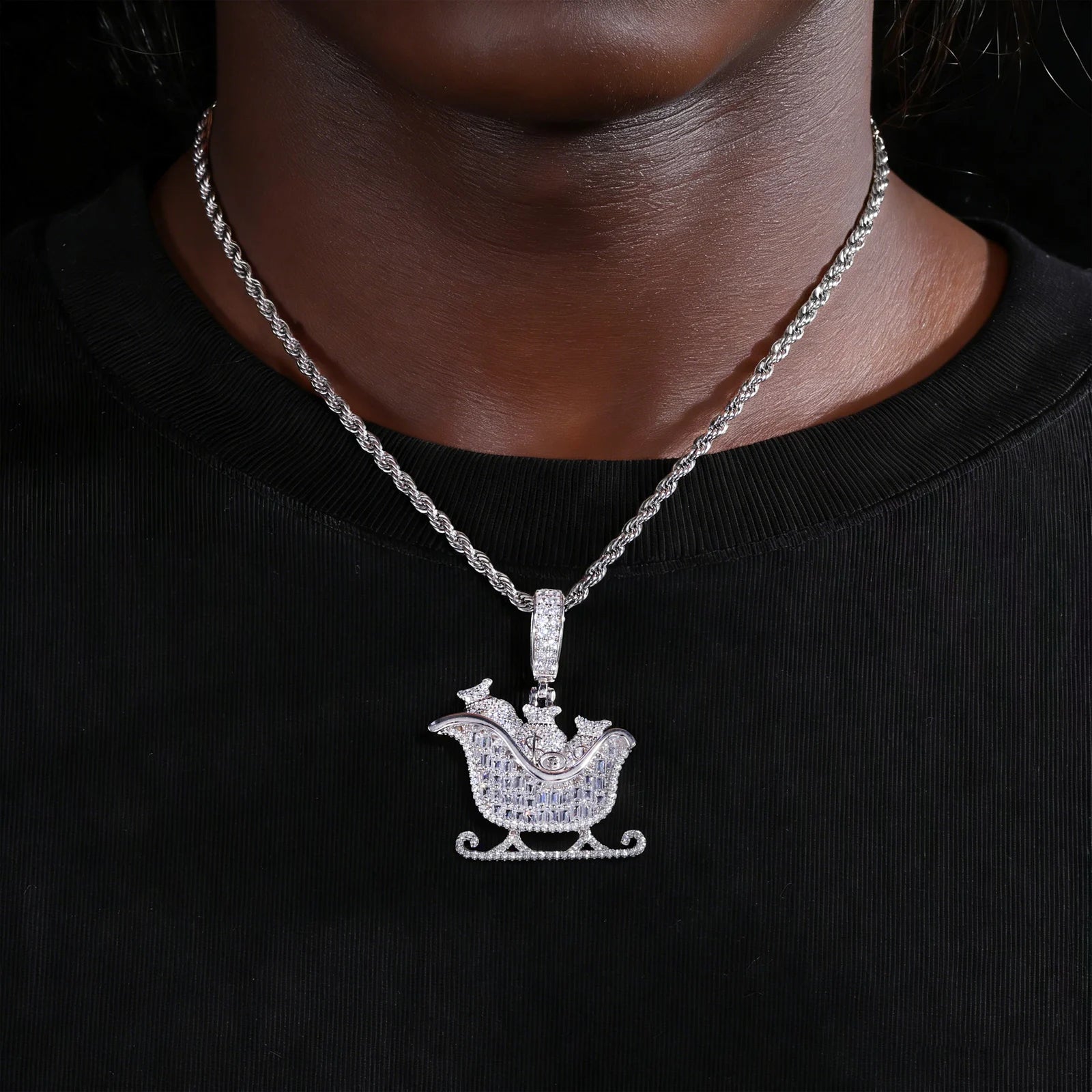 Unisex 925 Sterling Silver VVS Moissanite Baguette Money Bags Iced Out Pendant TQP0904