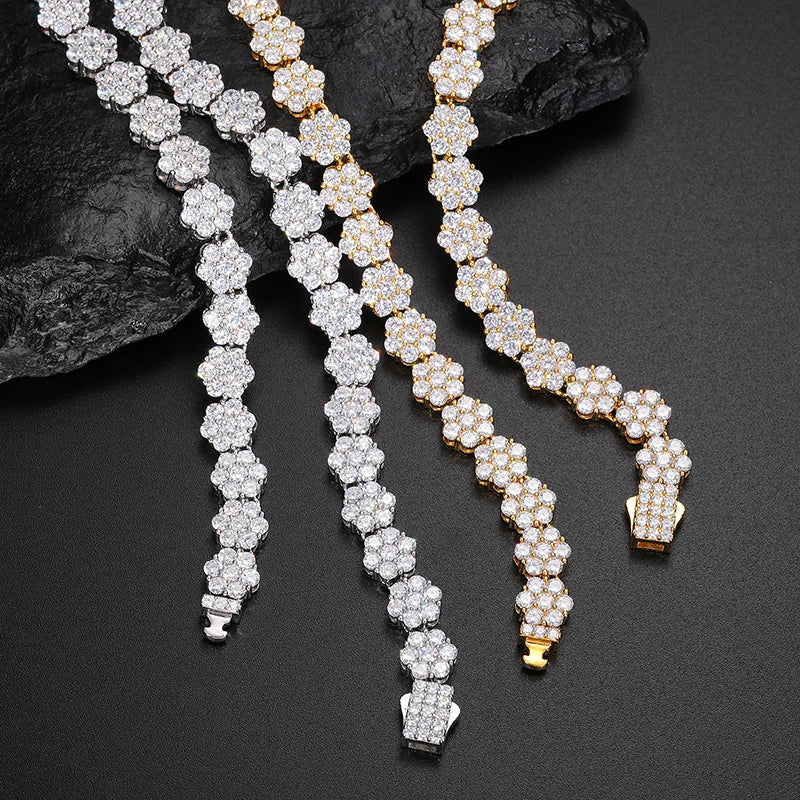 Unisex 925 Sterling Silver VVS Moissanite Iced Out Honeycomb Flower Tennis Chain Necklace TQN0185