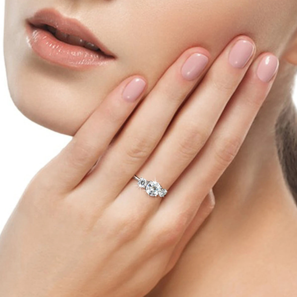 Women's Round Brilliant Cut VVS Moissanite Three Stone Ring 925 Sterling Silver