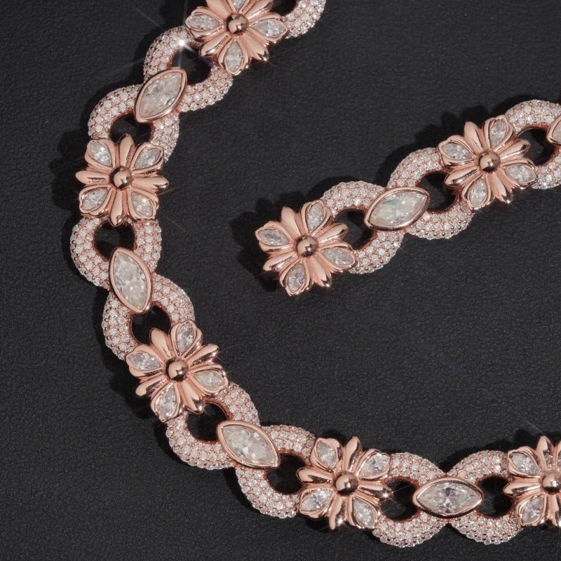 Unisex 15mm Cross Infinity Link Round Brilliant Cut VVS Moissanite Cuban Link Chain Necklace Rose Gold Plated 925 Sterling Silver