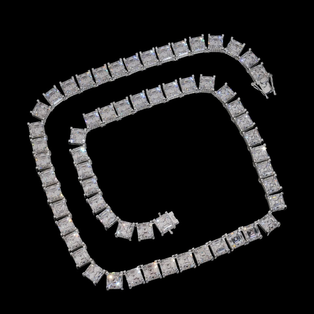 Unisex Iced Out Asscher Cut Moissanite Tennis Chain Necklace 925 Sterling Silver