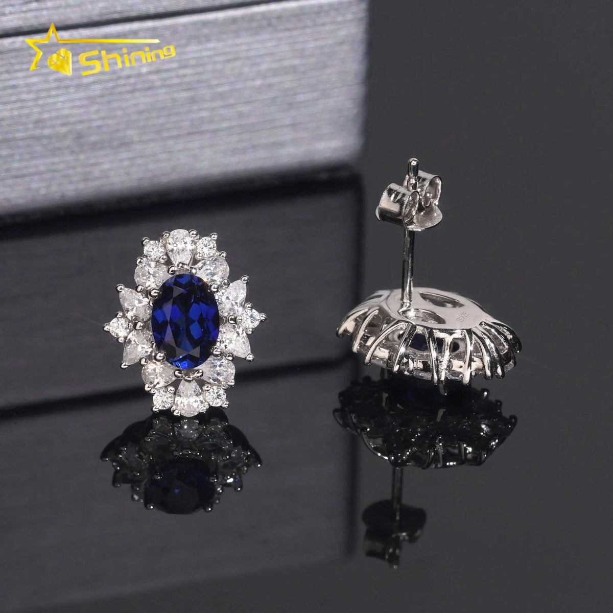 Women's Royal Blue Sapphire and Moissanite Stud Earrings 925 Sterling Silver