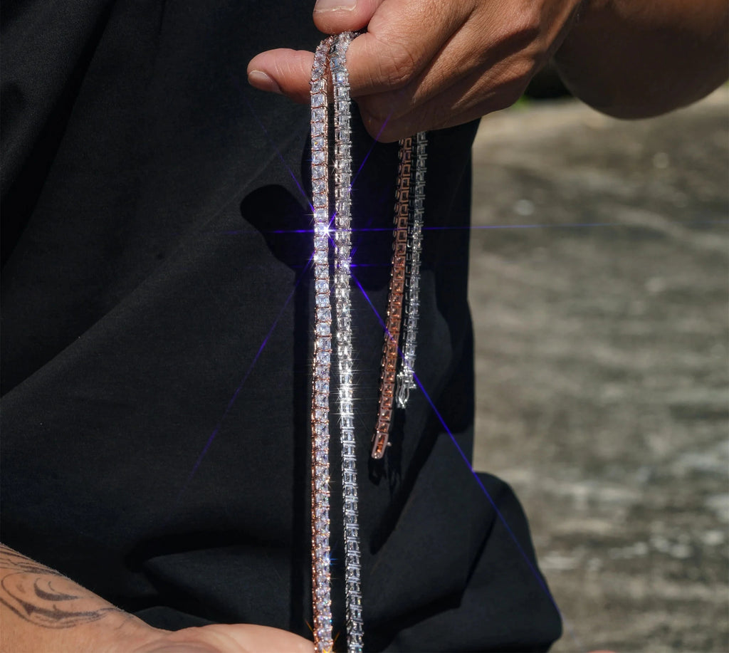Unisex Iced Out 925 Sterling Silver VVS Moissanite Asscher Cut Tennis Chain Necklace 4mm