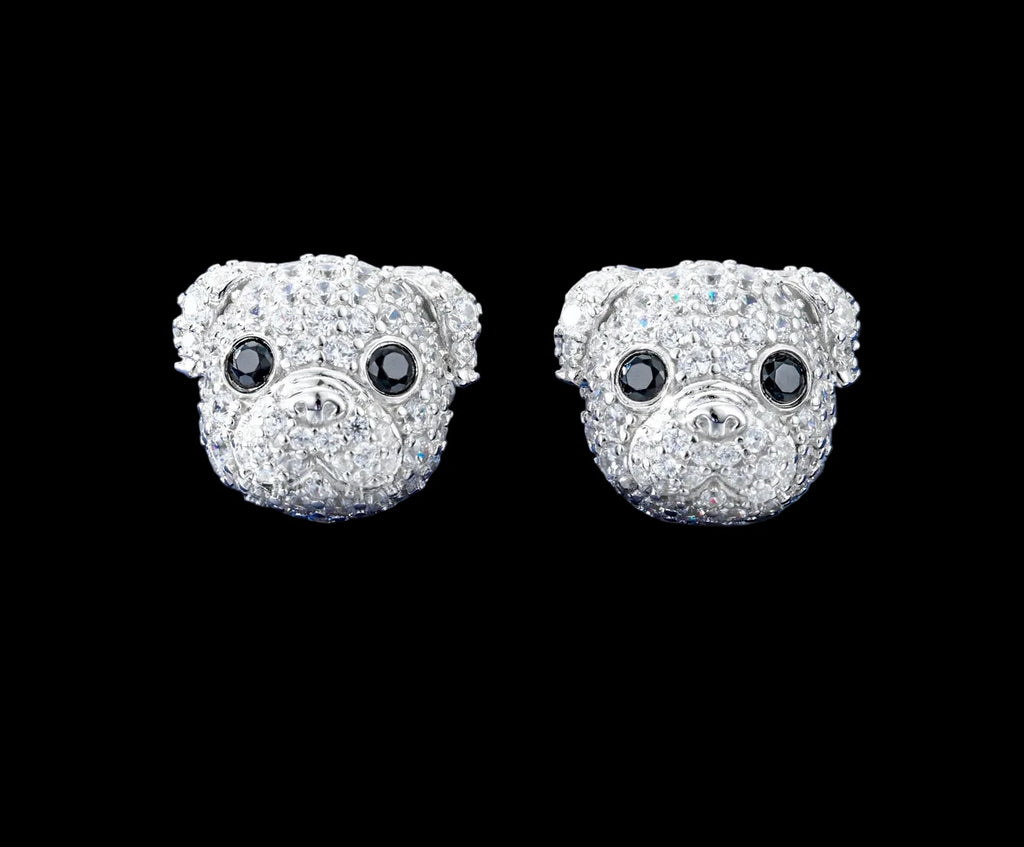 Unisex Iced Out 925 Sterling Silver VVS Moissanite Little Bulldog Stud Earrings