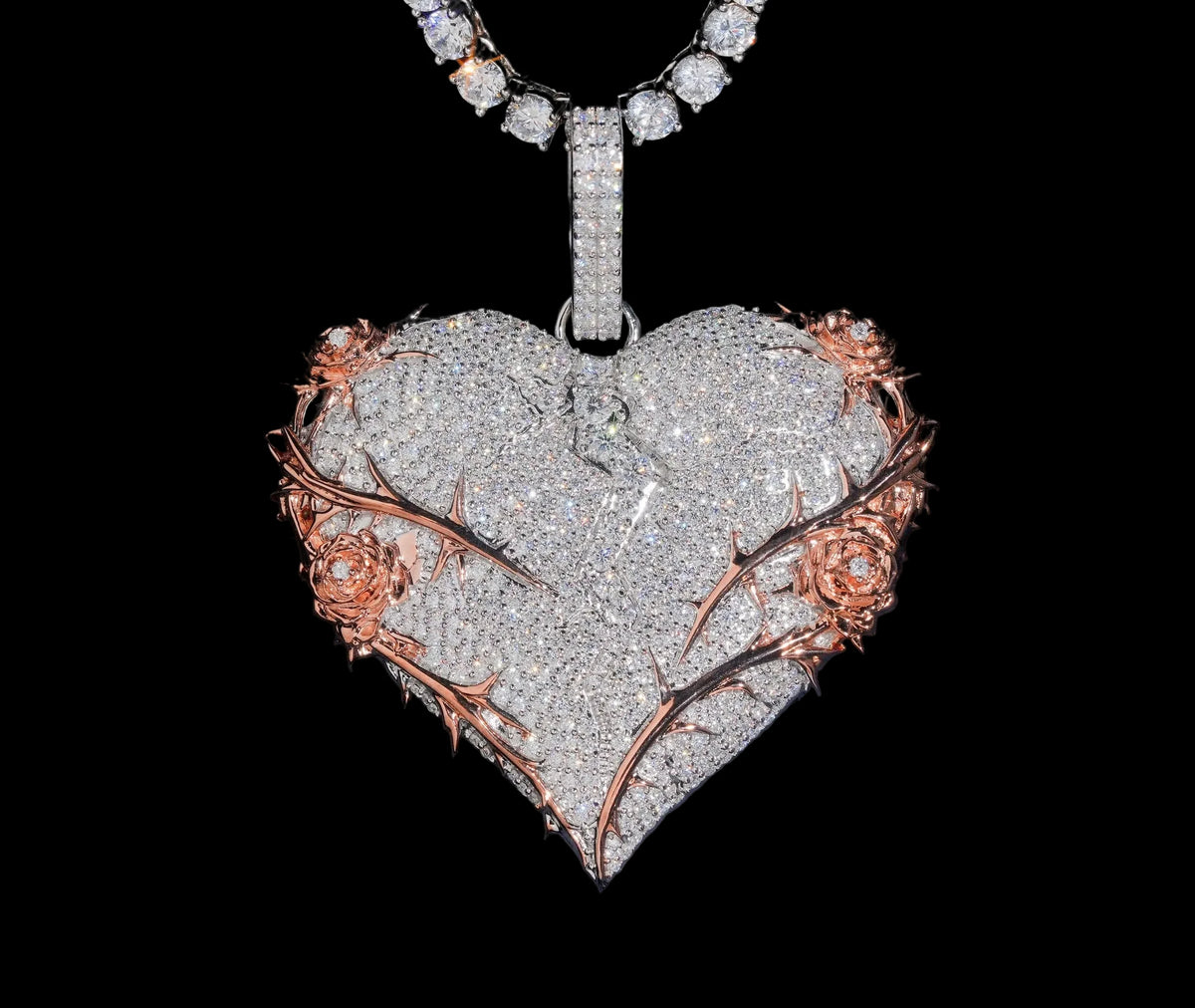 Unisex 925 Sterling Silver VVS Moissanite Broken Heart Thorn Iced Out Pendant BP4962