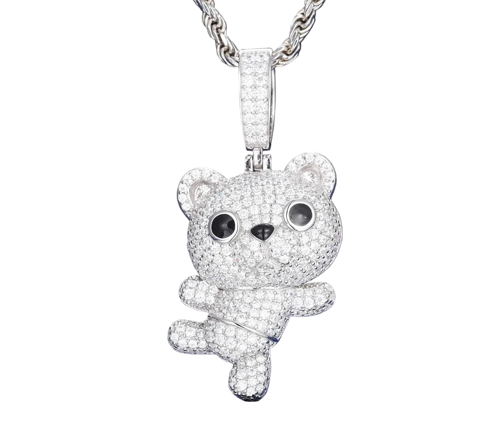Unisex 925 Sterling Silver VVS Moissanite Dancing Little Bear Iced Out Pendant