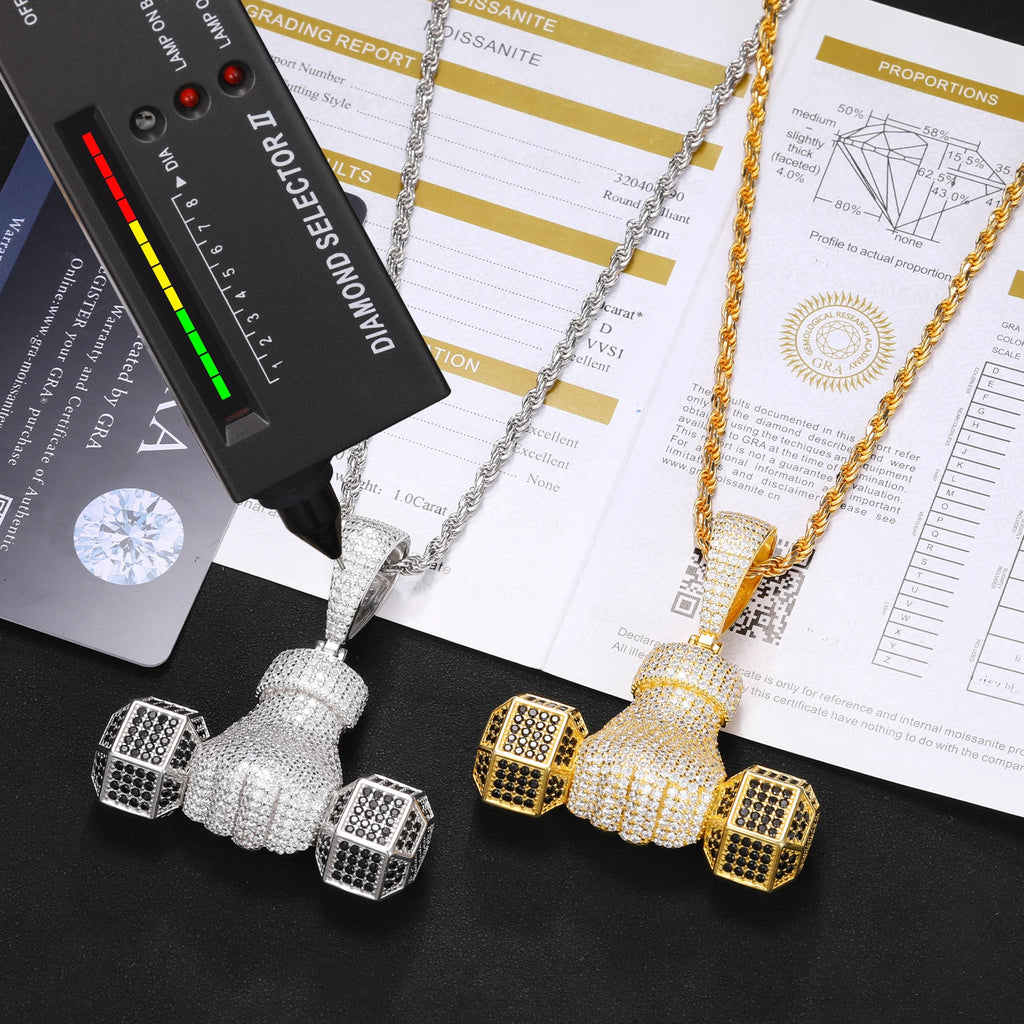 Unisex Iced Out Dumbbell Pendant 925 Sterling Silver VVS Moissanite TQP0374