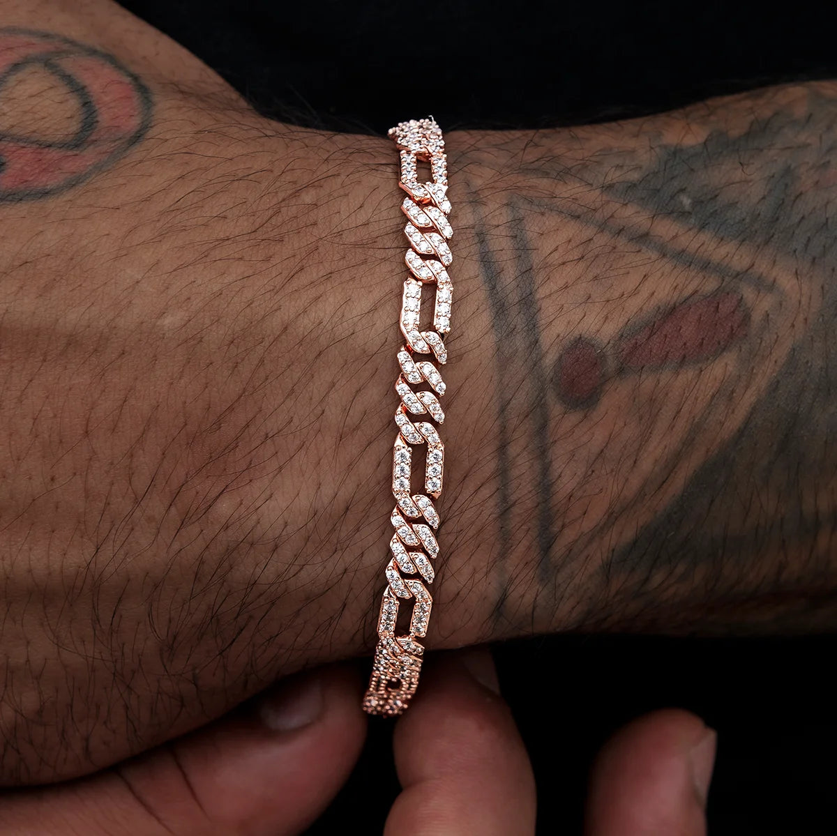 Men's 6mm Round Brilliant Cut VVS Moissanite Figaro Cuban Link Chain Bracelet 925 Sterling Silver