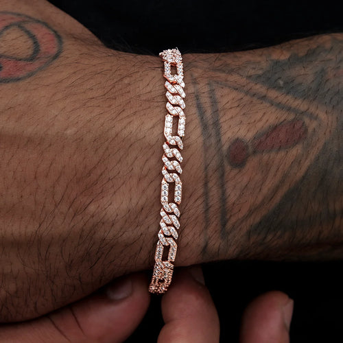 Men's 6mm Round Brilliant Cut VVS Moissanite Figaro Cuban Link Chain Bracelet 925 Sterling Silver