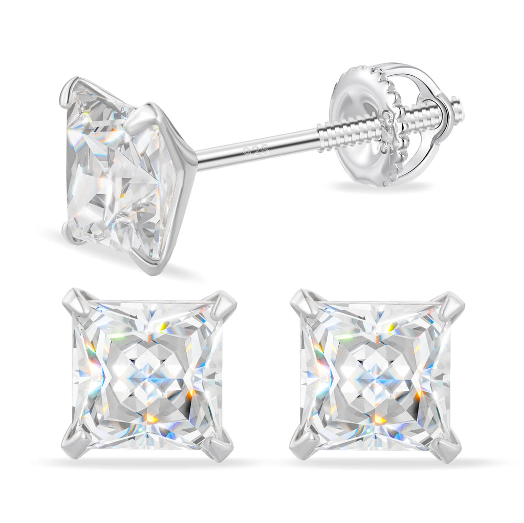 Unisex Princess Cut Moissanite Stud Earrings 925 Sterling Silver