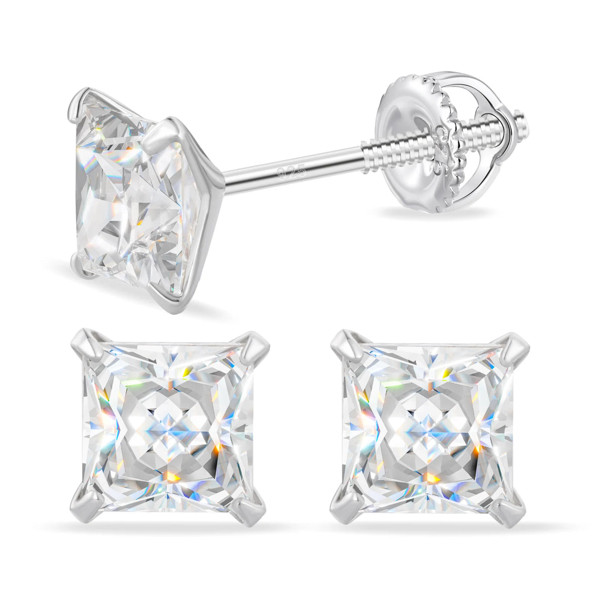 Unisex Princess Cut Moissanite Stud Earrings 925 Sterling Silver